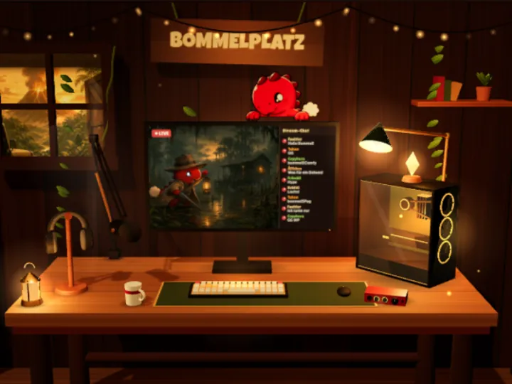Bommels Schreibtisch im Baumhaus: Monitor mit Hunt und Chat, Rechner mit Glasfenster, Mikrofon am Arm, Kopfhörer auf dem Ständer, rotes Interface, Lampe, Laterne und ein leuchtender Bernstein. Bommel lugt über den Monitor.
