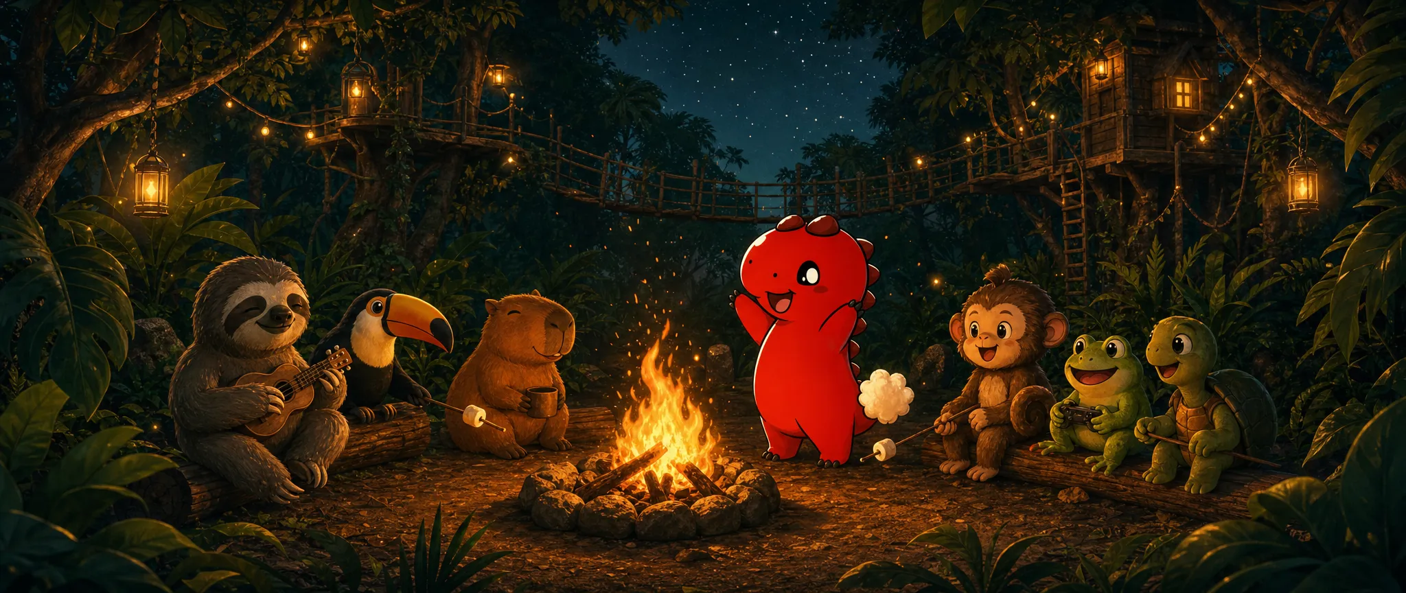 Nachts am Lagerfeuer im Dschungel: Bommel jubelt, um ihn herum Faultier, Tukan, Capybara, Affe, Frosch und Schildkröte mit Marshmallows und Ukulele.