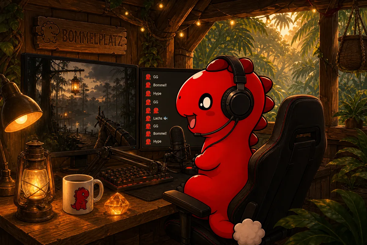 Bommel mit Headset an seinem Streaming-Setup im Baumhaus: Mikrofon, zwei Monitore mit Sumpf-Shooter und Chat, Laterne und Dino-Tasse.